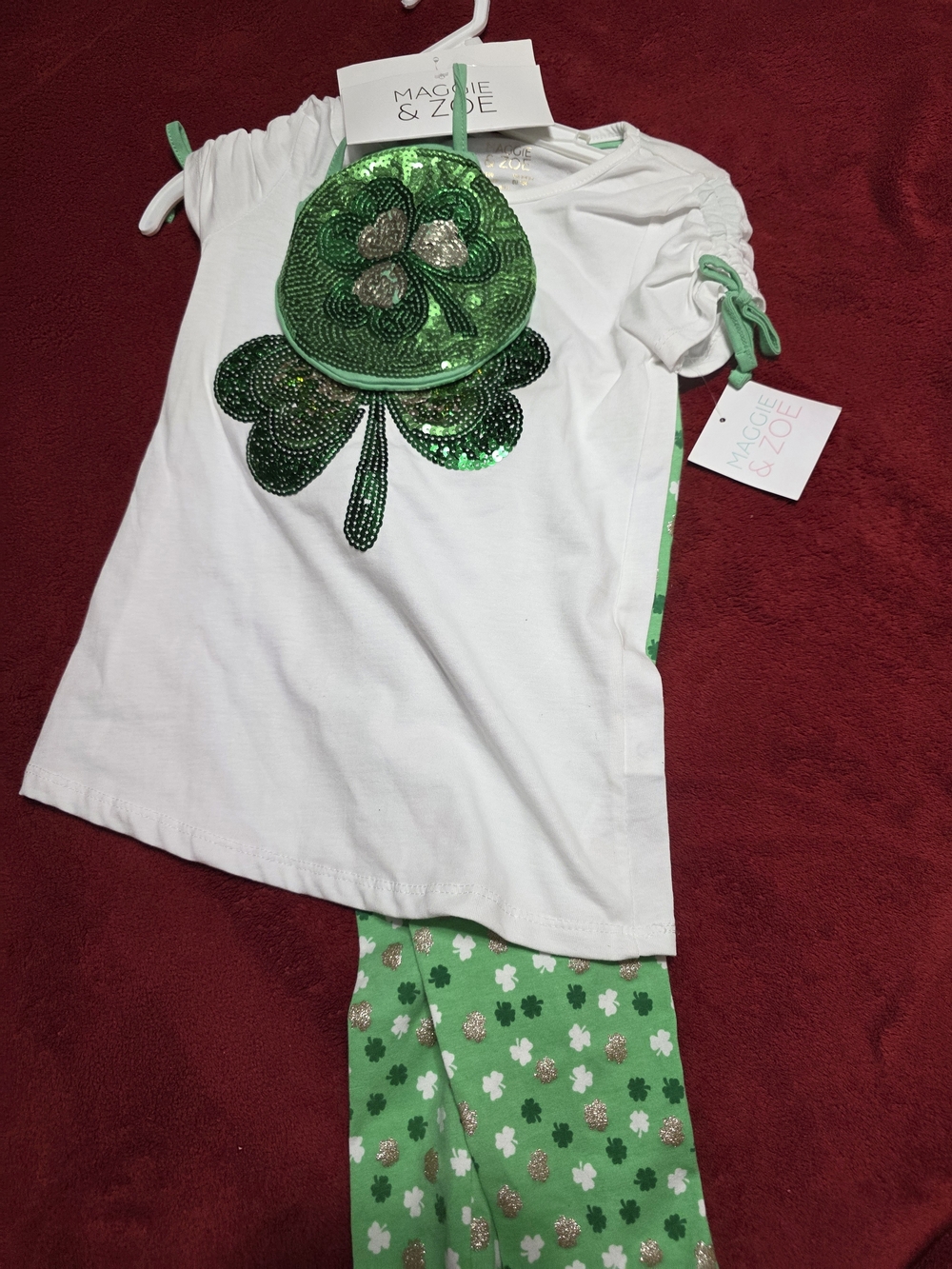 Maggie & Zoe White Top with Green Sequin Shamrock and Green Shamrock Leggings